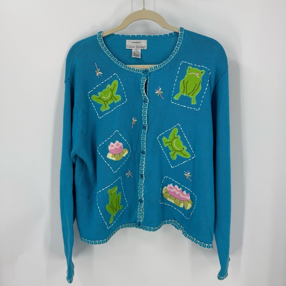 Casual living vintage cotton Cardigan w/ Frog /embroidered Lily pad Flower XL - Picture 2 of 15